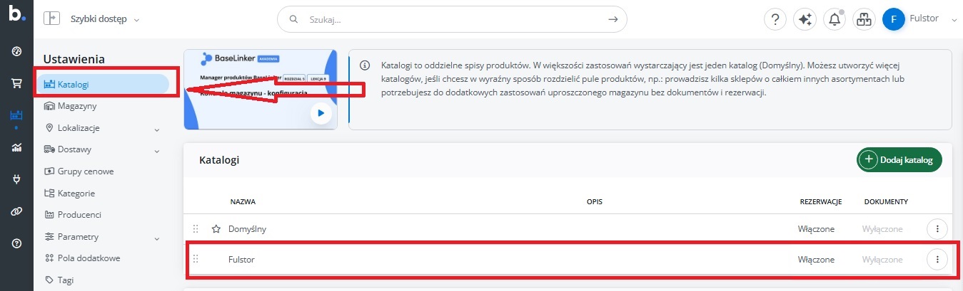 Создание отдельного каталога Fulstor в BaseLinker