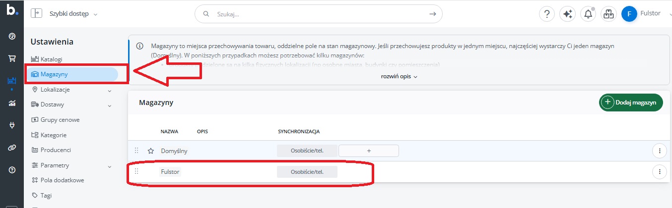 Создание отдельного склада Fulstor в BaseLinker