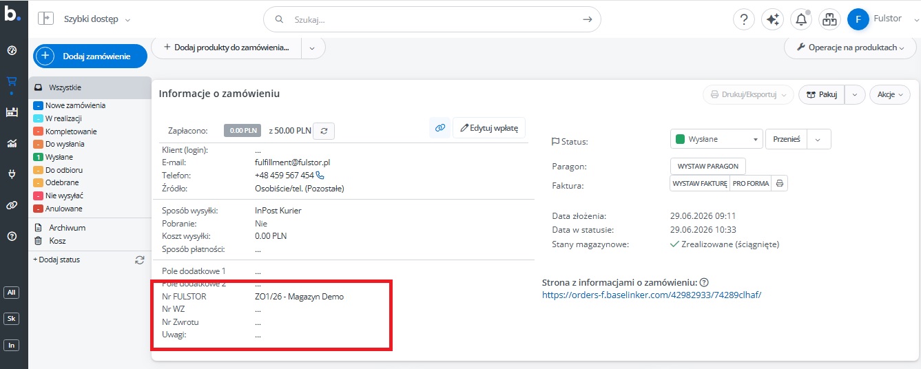 Номер FULSTOR и номера документов в заказе BaseLinker