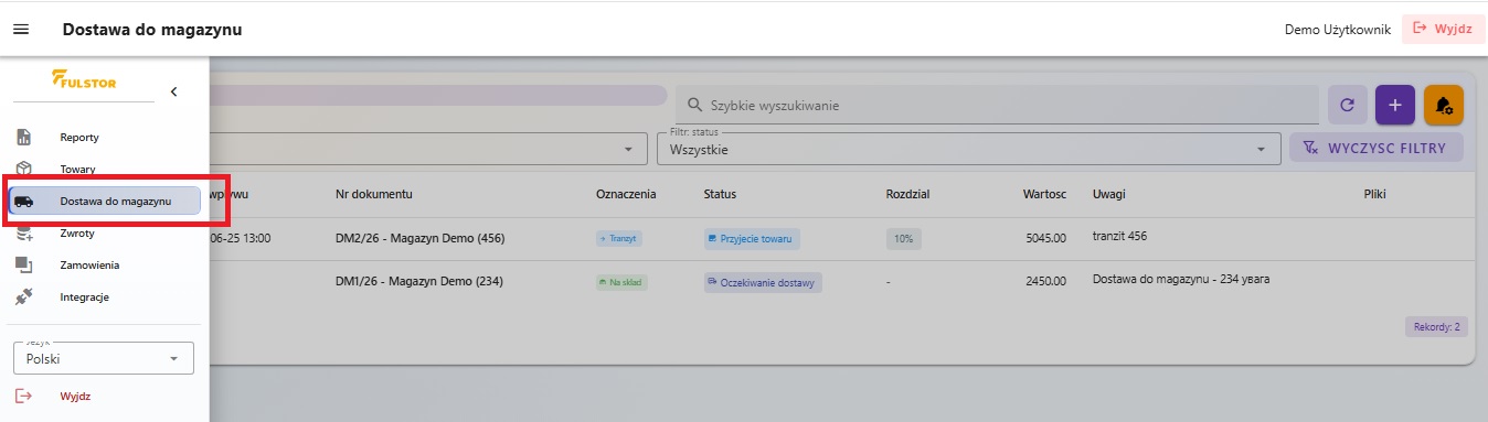 Sekcja Dostawy w panelu FULSTOR
