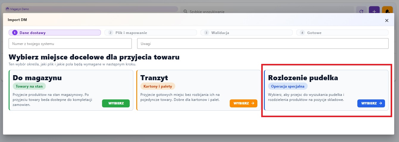 Wybór typu dostawy Rozpakowanie kartonu