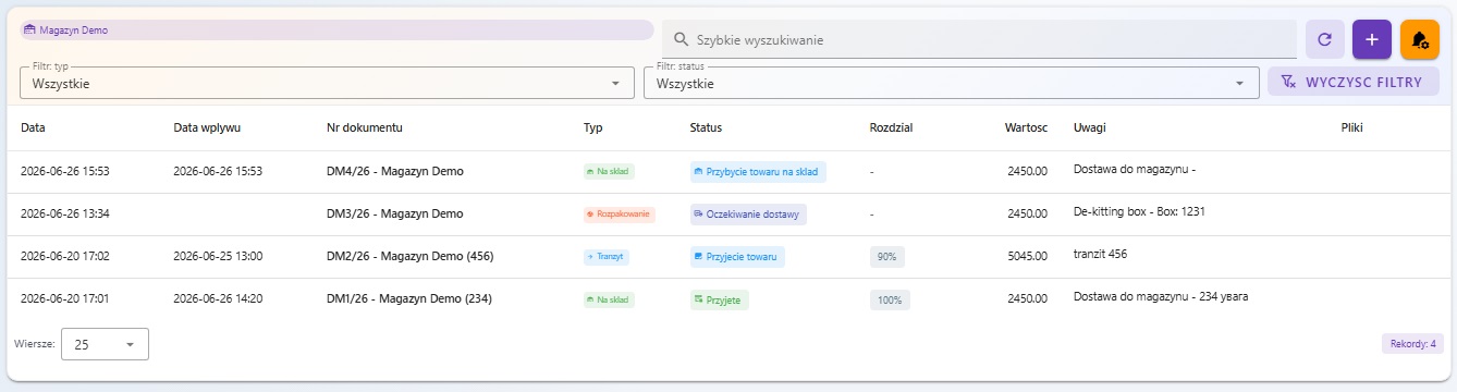 Lista dokumentów DM ze statusami przyjęcia w FULSTOR