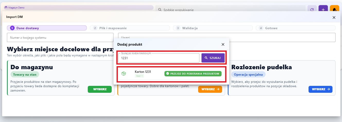 Wyszukiwanie kartonu lub palety po kodzie kreskowym
