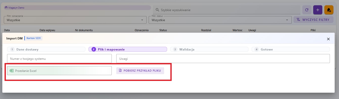 Załadowanie pliku Excel dla rozpakowania kartonu