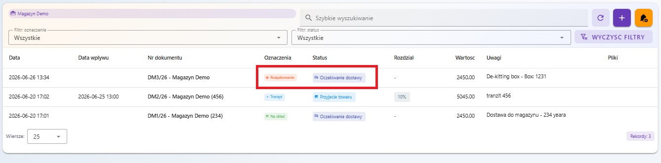 Dokument DM ze statusem Oczekiwanie dostawy na liście dostaw