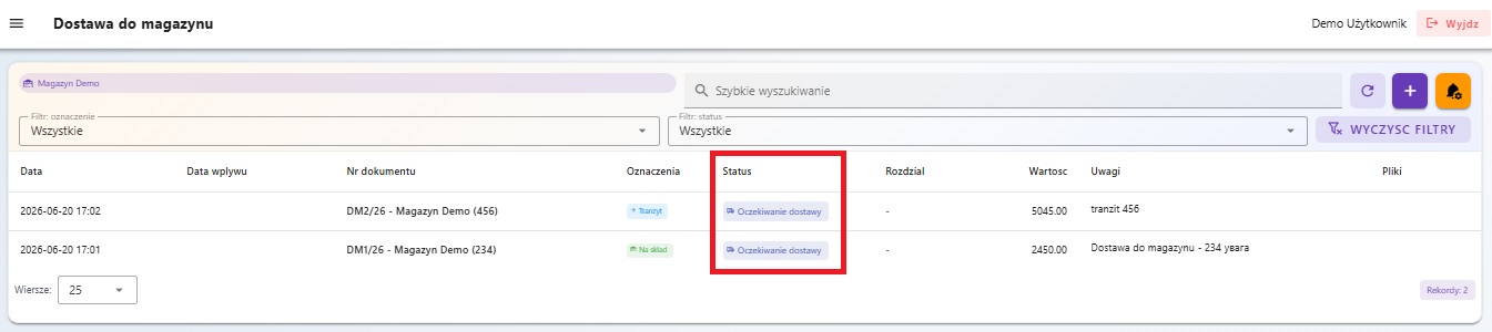 Utworzona dostawa wyświetla się na liście dostaw.