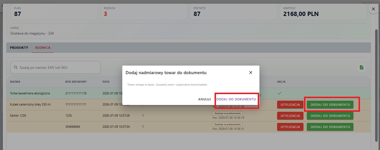 Okno dodawania nadwyżki towaru do dokumentu DM