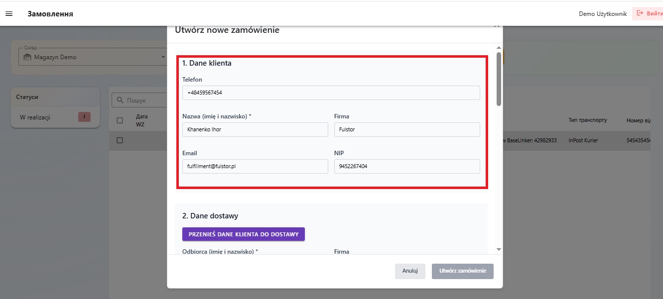 Блок Dane klienta при створенні B2B замовлення