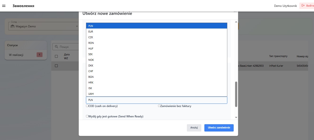 Вибір валюти PLN у замовленні FULSTOR