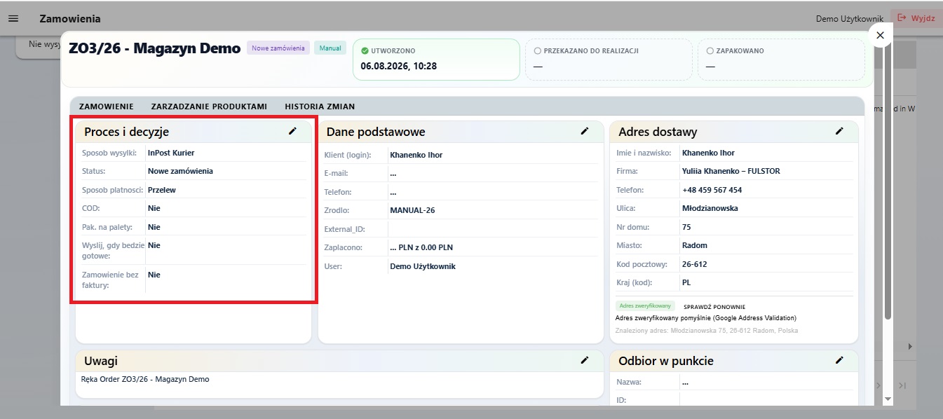 Blok Proces i decyzje w karcie zamówienia B2B