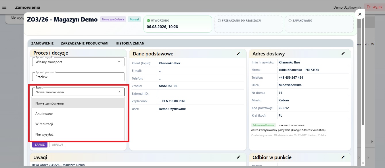 Wybór statusu Nowe zamówienia w zamówieniu