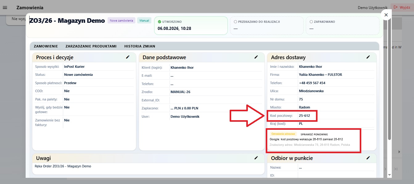 Ostrzeżenie Google Address Validation przy adresie dostawy