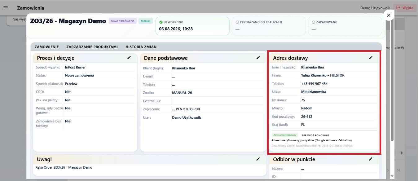 Potwierdzony adres dostawy po sprawdzeniu Google Address Validation