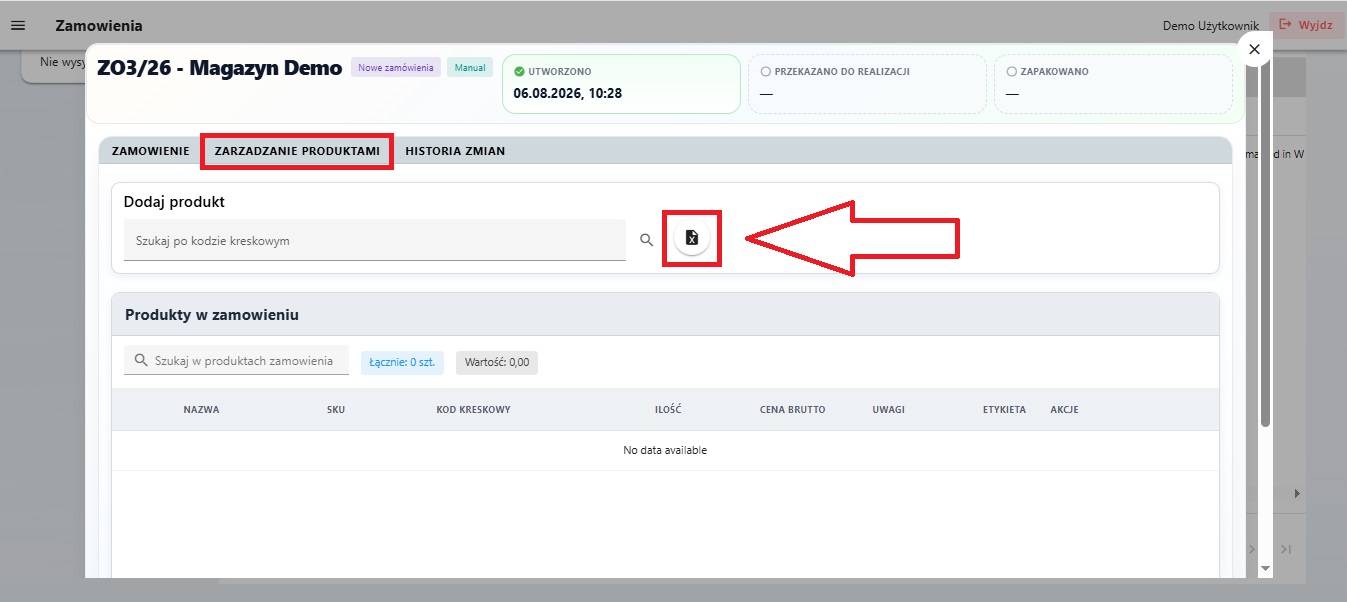 Zakładka Zarządzanie produktami i import produktów z Excel
