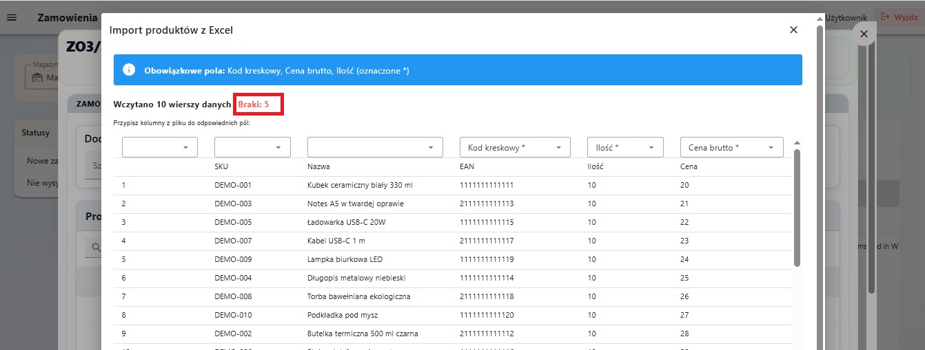 Import produktów z Excel i informacja o brakujących pozycjach