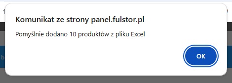 Komunikat o dodaniu produktów z pliku Excel