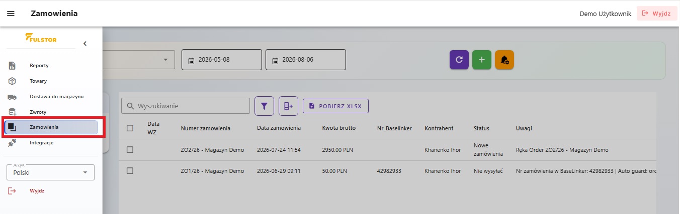 Sekcja Zamówienia w panelu FULSTOR