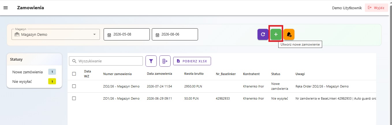 Przycisk tworzenia nowego zamówienia w FULSTOR