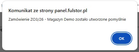 Komunikat o pomyślnym utworzeniu zamówienia